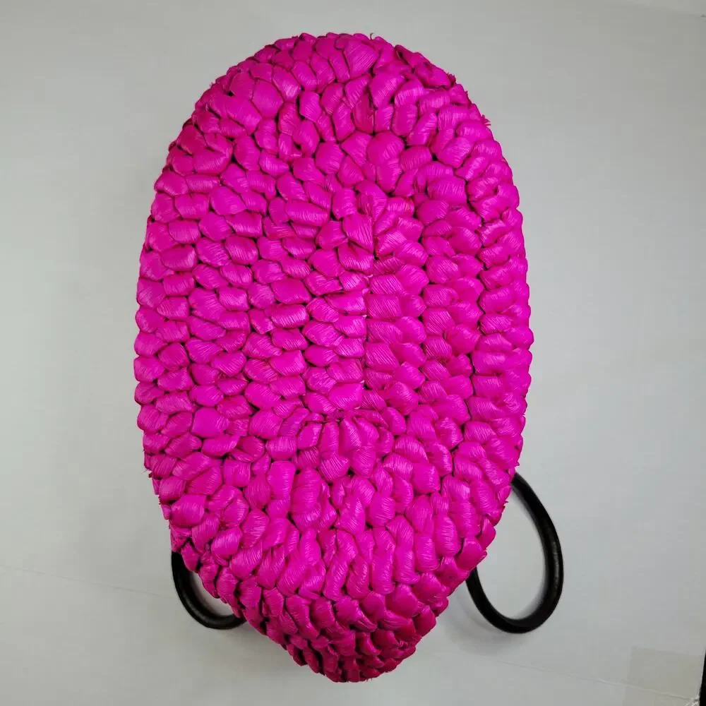 Limited Edition Straw Tote Bag Bright Raspberry Lined 2 Pocket Wooden Bead Charm